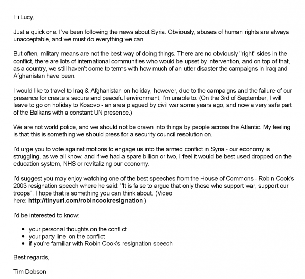 Letter to Lucy Powell about Syria