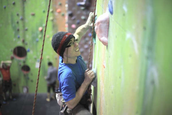 Zhelyo grapples with a tough hold, Manchester Climbing Centre, Manchester, UK
