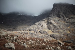 Window Buttress and the direction of Belach na Banachdaich with Sgurr Dearg in the mist behind, from Coire Banachdaich